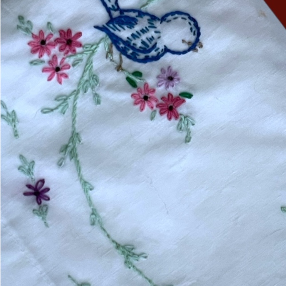 Vintage Pillowcase Set (2 pc) White With Embroidered Birds | Floral | Hand Made - Picture 5 of 8
